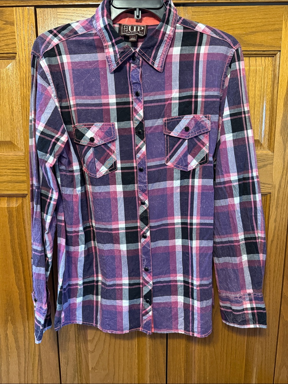 Cowgirl UP Purple and Pink Plaid Long-Sleeve Snap-Down Shirt-Large 20” pit 2 pit